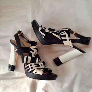 Escada White & Black Satin Strappy Platform Heels 39